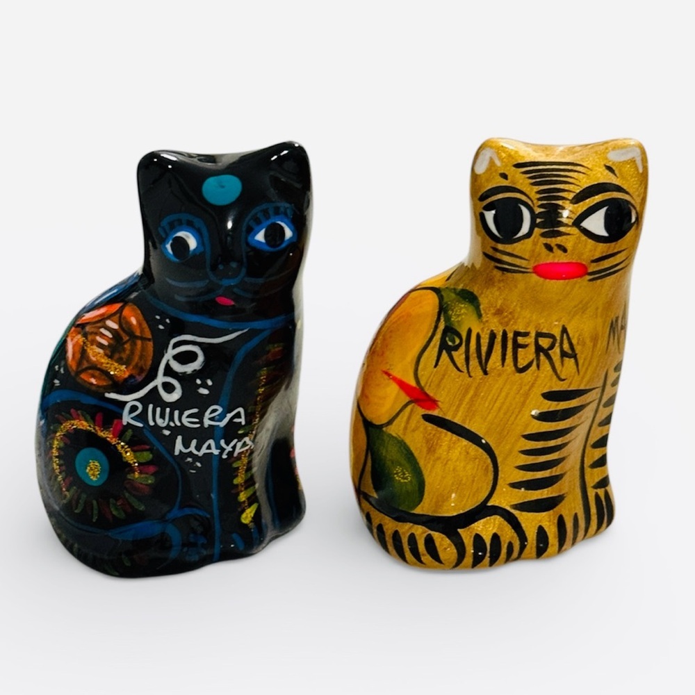 Vintage Mexican Folk Art Pottery Cats - Set of 2 - Hand Painted Riviera Maya
